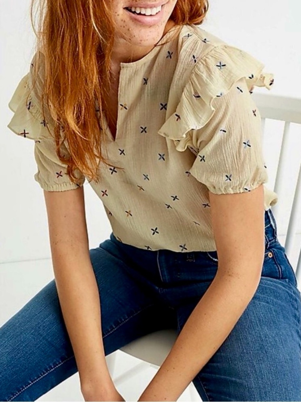 Madewell Embroidered Gazebo Top Rainbow X Gauzy Ruffle Blouse Cream Size M